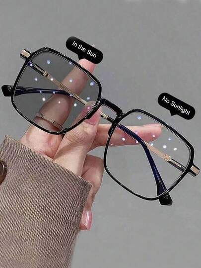 1 Pair Women's Large Square PC Frame Metal Leg Casual Color-Changing Fashion Glasses, Non-Prescription, Suitable For Driving, Indoor And Outdoor Wear