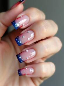 24 Peças Kit de Unhas Postiças Quadradas de Tamanho Médio Francesas na Cor Azul, Design Ombré de Estrelas do Dia da Independência, Ajuste Perfeito para Unhas Postiças, Kit de Unhas Falsas de Cobertura Total, Inclui 1 Peça folha de adesivos e 1 Peça mini lixa, para uso diário, escritório, casa, festa, acessórios de jóias femininas, dicas de unhas falsas, 1 Peça tira de lixa, envio aleatório de gel jelly