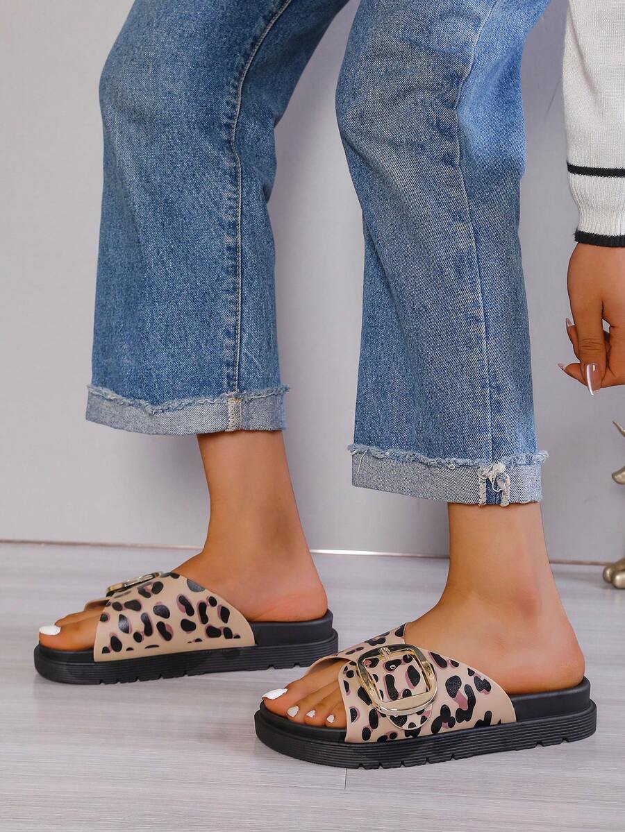 Women's Thick Sole Slippers, Punk Buckle Design, Suitable For Indoor, Outdoor & Beach - LEOPARD - View 1