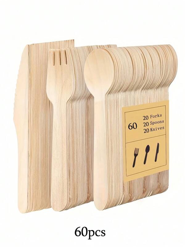 Conjunto de louça descartável de madeira 100% natural, 300 conjuntos/60 conjuntos/10 peças (20 peças/100 garfos, 20 peças/100 facas, 20 peças/100 colheres), talheres compostáveis, louça de bambu, perfeito para festas no jardim.