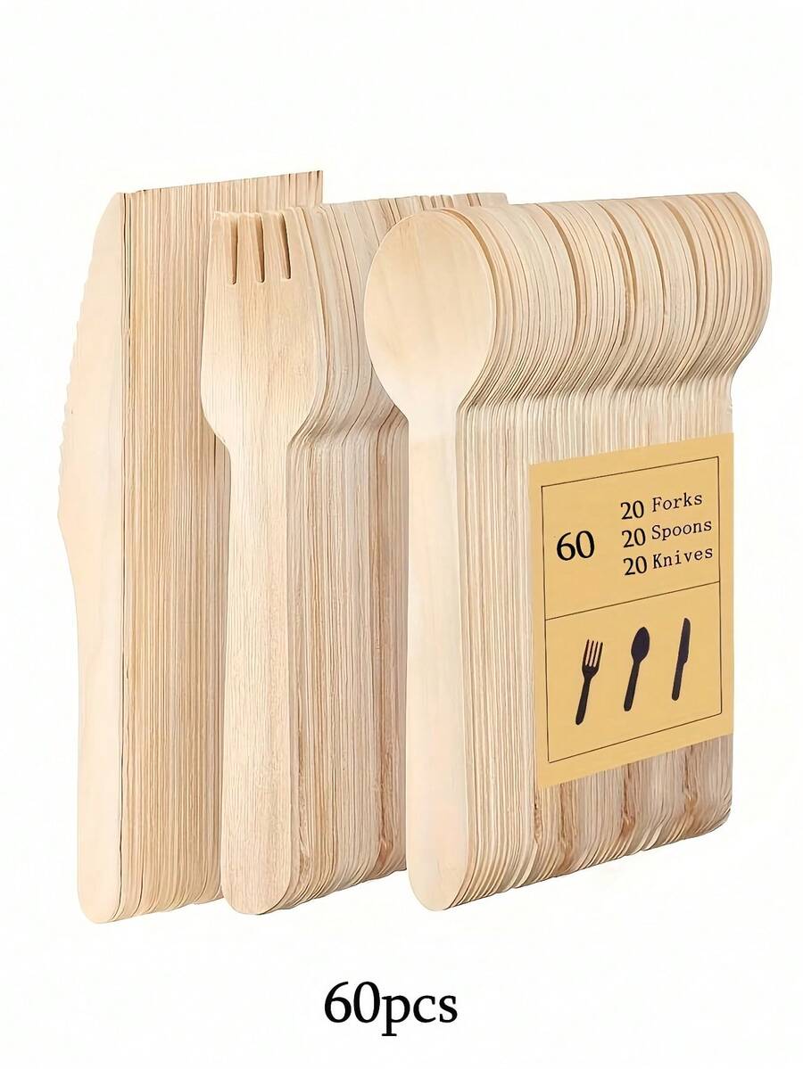 300 Bộ/60 Bộ/10 Món 100% Tự nhiên, Bộ đồ ăn dùng một lần bằng gỗ (20 Món/100 Nĩa, 20 Món/100 Dao, 20 Món/100 Thìa), Đồ bạc phân hủy được, Đồ ăn bằng tre, Hoàn hảo cho các bữa tiệc ngoài vườn.