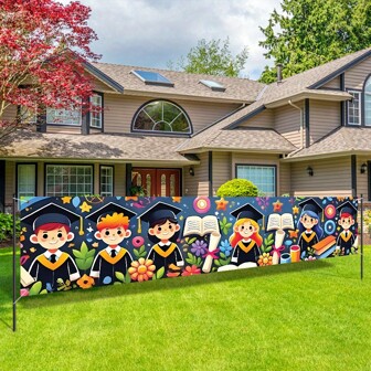 1 stuk kleurrijke afstudeerfeestbanner, gemaakt van polyester, geschikt voor afstudeerfeesten, fotoshoot-achtergrond, binnen- en buitendecoratie, decoratie voor afstudeerfeesten