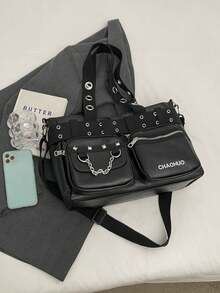 Fabric Material Large Capacity Multi-Pocket Rivet Punk Style Women Shoulder Bag Crossbody Bag - Black - View 3