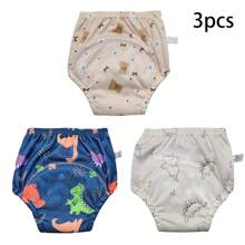 Paquete de 3 pantalones de entrenamiento para ir al baño reutilizables y lavables para niños y niñas pequeños, con patrones de animales lindos, ajuste regular, sin cintura, estiramiento medio, pantalones de pañal de entrenamiento para recién nacidos, material suave para lavar a máquina o a mano - un gran regalo para baby shower para varias ocasiones