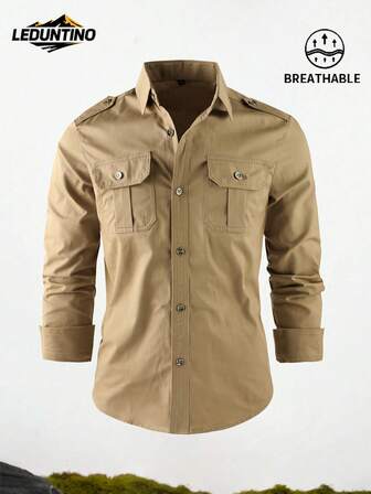 LEDUNTINO [Frühling/Sommer] Herren Mode Knopf Lässig Outdoor Hemd, einfarbig grün, Sport, Cargo, Freundesgeschenk, Herren Langarmshirts mit Kragen, Schulterdesign, Doppeltaschen, für Frühling & Herbst