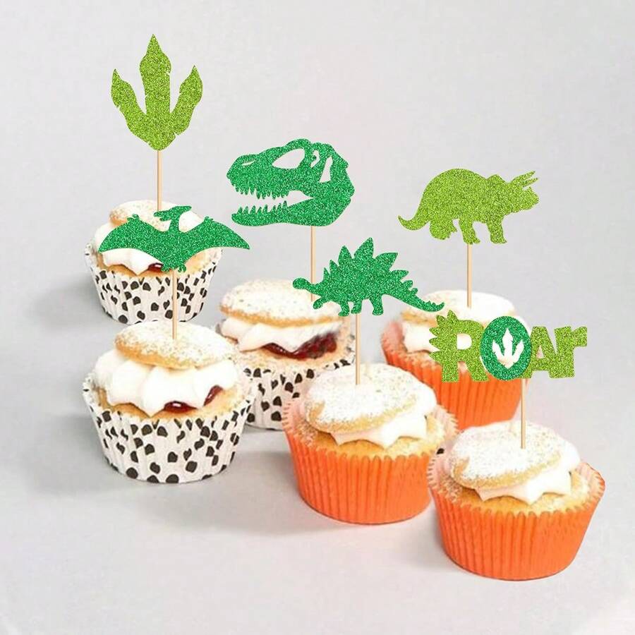 12/24Pcs Dinosaur Cupcake Toppers Green Glitter Roar Dinosaur Cupcake Toppers For Dinosaur Theme BB Shower Birthday Party Cake Decorations Supplies