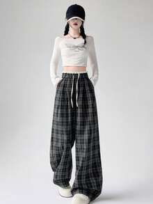 女士宽松格纹阔腿裤，美式休闲风格，带口袋，直筒垂坠长裤 - 黑色 - 查看 1