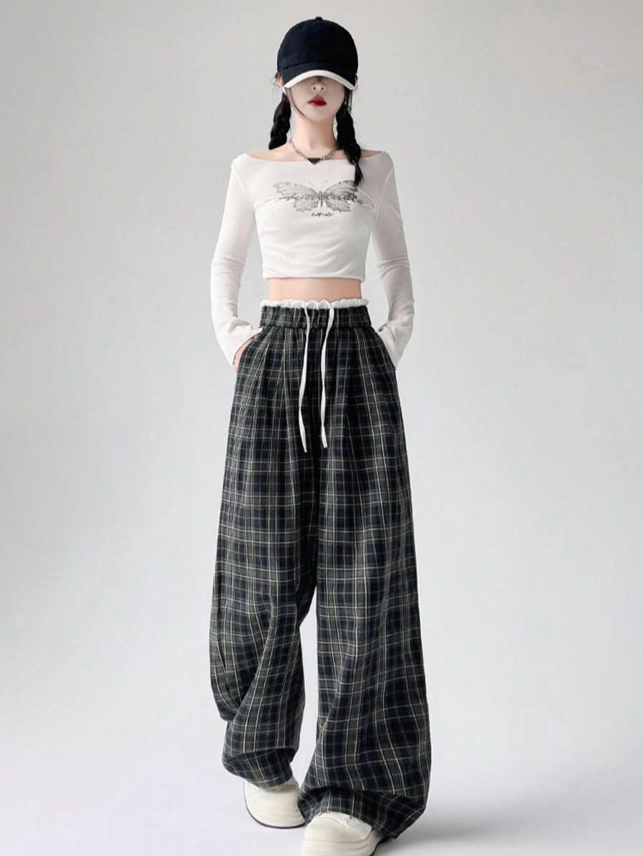 女士宽松格纹阔腿裤，美式休闲风格，带口袋，直筒垂坠长裤 - 黑色 - 查看 1