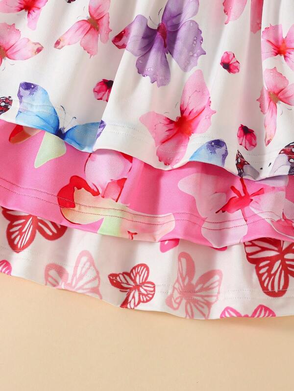 3pcs/Set Baby Girls' Cartoon Butterfly Printed Cute Strap Dress With Bow, Summer Resort Style
