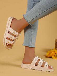 Sandalias casuales de moda básicas para mujer, con decoración de remaches, aptas para uso en interiores, exteriores y playa - Beis - Ver 3