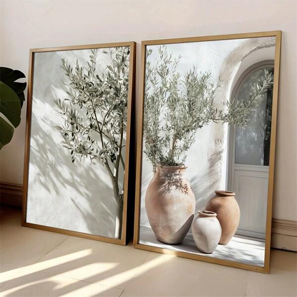 1 pieza/2 piezas Pintura en lienzo de acuarela de rama de olivo, arte de pared minimalista retro de planta mediterránea para sala de estar, dormitorio, oficina en casa, dormitorio, decoración de fondo de pared, diseño de imagen con marco opcional