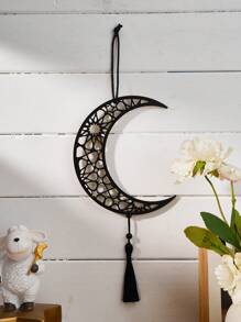 1 pieza Decoración colgante de forma de luna hueca hexagonal/octogonal de madera negra con borla negra, ornamentos colgantes creativos modernos de madera negra, disponible en varios estilos, adecuado para fiestas, decoración de pared, regalos decorativos, hogar, accesorios de arte