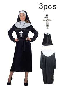Saint And Sinner Costume, Black Dress, Pendant And Headpiece, Cosplay Outfit, Halloween Spring - Multicolor - View 2