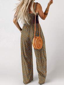 Acelitt Summer Bohemian Floral Print Square Neck Cable Tied Wide Leg Suspender Jumpsuit - Multicolor - View 2