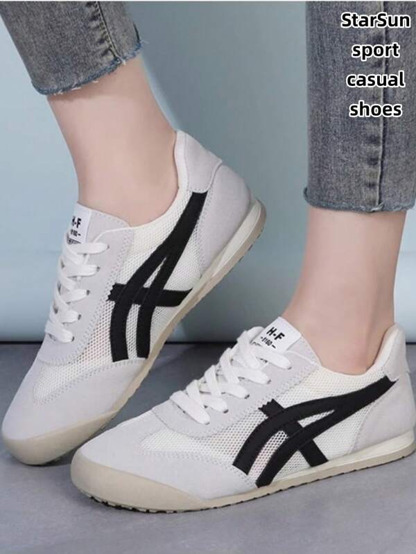 Women's Spring/Autumn New Perforated Mesh Breathable Non-Slip Easy-To-Clean Round Toe Low-Top Casual Shoes, Flat, Comfortable, Versatile, Color Block Athletic Casual Retro Sneakers