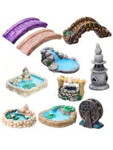 Conjunto de 10 piezas de decoración para un jardín de hadas de resina con diseño caprichoso - Incluye puente, estanque, faro, figuras de pozo de agua, versátil para manualidades y decoraciones de interior y exterior, estilo clásico - Multicolor - Ver 10