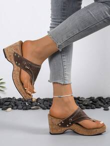 New Retro Square Toe Wedge Heel Slippers, French Romantic Classic Fashion Elegant High-End Breathable Wedge Heel Sandals For Women - Brown - View 5