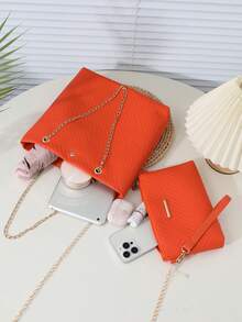 2pcs/Set Wave Embossed Tote Bag With Detachable Chain Strap Shoulder Bag, Minimalist Luxury Style For Work & Leisure - Orange - View 3