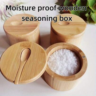 1个带盖防潮木制米罐，竹制盐罐，创意午餐盒，木制储物罐，木制食品储物盒，圆形竹制调料盒，木制米盒，厨房用具及收纳用品，适用于日常烹饪、家庭聚会、餐厅备餐、家庭厨房，可存放大米、香料、调味料等。