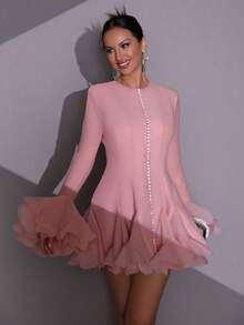 Modphy New Elegant Women's Long Button Asymmetric Floral Patchwork Flared Sleeve Slim Fit Mini Dress, Suitable For Wedding Guest, Holiday, Birthday Party, Formal Evening Gala, Carnival, Easter, Prom Dress - Pink - View 6