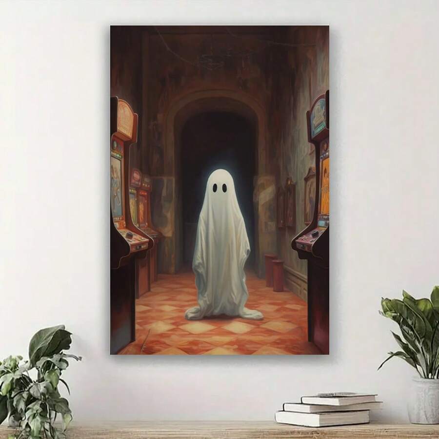 Framed Ghost Reincarnated On Canvas In An Abandoned Arcade Poster, Vintage Poster, Art Poster Printed, Dark Academia, Ghost, Halloween Decoration High Quality Canvas Painting, HD Pictures, Perfect Gift - Framed - View 1