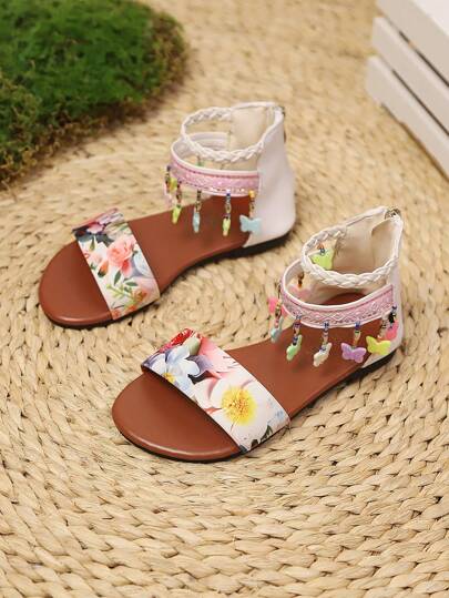 صنادل صيفية أطفال ذات نمط وطني مع شراشيب معلقة، ذات نعل ناعم، احذية كاجوال للشاطئ والخارج، موضة للتناسق مع الأم والابنة