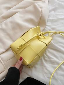 Mini Casual Woven Crossbody Bag, Small Shoulder Bag, Drawstring Bucket Bag, Solid Color PU - Yellow - View 8