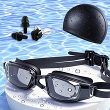 1 套透明设计游泳镜，沙滩泳池游泳眼镜，带鼻夹、耳塞、泳帽和沙滩包 - 黑色 - 查看 7