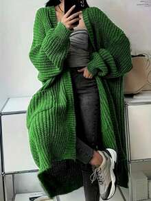 Casual Solid Color Drop Shoulder Loose Long Cardigan, Autumn/Winter