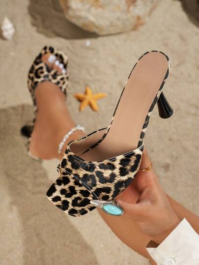 Leopard Mule Heels With Sexy Open Toes, High - Heeled Elegance