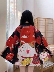 Vintage Japanese Kimono Inspired Cute Girl's School Style Beckoning Cat Print Kimono Cover Up, Summer Beach Holiday Bikini Coverup & Sun Protection - Black - View 2