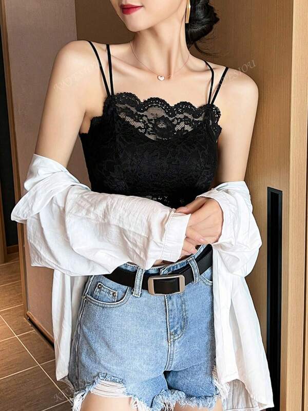 Women's Lace Trim Sexy Versatile Solid Color Fitted Camisole Tank Top, Summer Everyday Wear