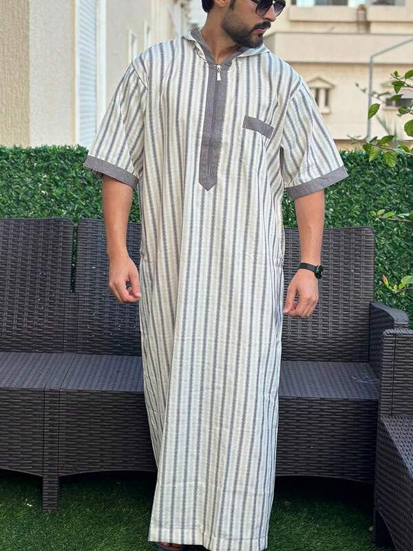 ثوب رجالي مسلم قصير الأكمام بطراز مخطط برأس، رجالي إسلامي فضفاض، كاجوال للأعياد، بتصميم حديث