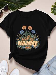 Teediy Nanny with Flowers Graphic T-Shirt - Casual Crew Neck, Short Sleeve, Comfortable Fit for Women - Negro - Ver 2