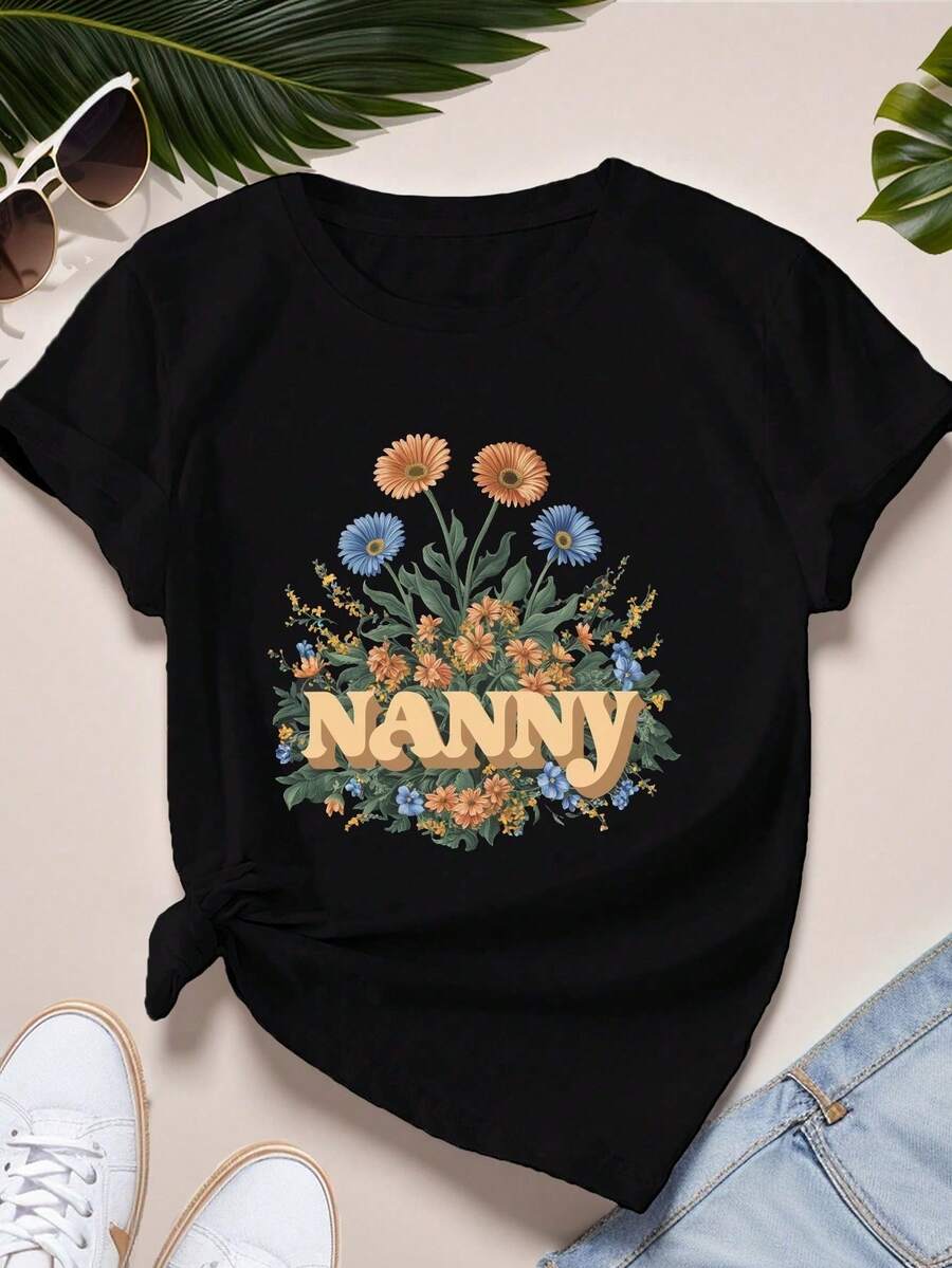Teediy Nanny with Flowers Graphic T-Shirt - Casual Crew Neck, Short Sleeve, Comfortable Fit for Women