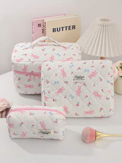 1 件可爱粉色兔子印花化妆品收纳包随机花卉印花化妆包时尚绗缝设计化妆包带蝴蝶结图案大容量洗漱包带手柄便携式方形手拿包女士客厅收纳包、浴室收纳包、珠宝收纳包、唇油收纳包、指甲油收纳包、化妆品收纳包化妆盒节日必备品
