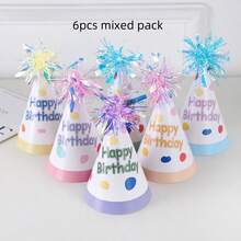 6pcs Mixed Style & 10pcs Solid Color Colorful Tinsel Birthday Hats, Magical Party Hat, Party Hat, Goddess Hat With "Happy Birthday" Text, Lightweight Paper Hat, Suitable For Festival Celebration, Birthday Party Accessories | Tinsel Top Hats, Birthday Party, Tabletop Decoration - Multicolor - View 5