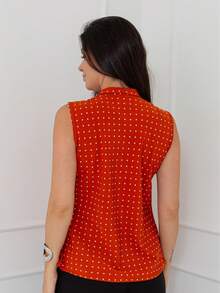 Women's Polka Dot Tank Top With Bow Collar And Crepe Fabric - 珊瑚橙 - 查看 3