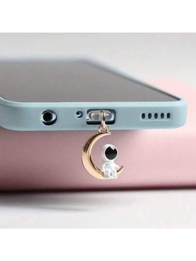 Alloy Astronaut With Star & Moon Charm, Space Themed Phone Accessories - Adorable Design In White And Black, Perfect Fit For Earphone Jack And Charging Port Protection