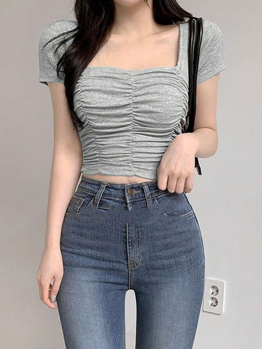 2025年夏季女款弹力修身百褶休闲百搭短袖T恤