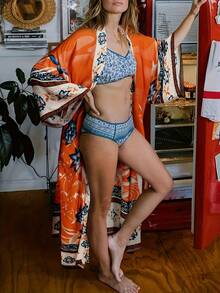 1 Piece Of Flower-Printed Elegant Fabric Belted Ladies' Home Robe, Suitable For Wearing On The Beach And At Home, Suitable For All Seasons. - 橘色 - 查看 2