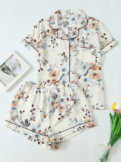 2 件套舒适杏色花卉印花翻领纽扣装饰短袖衬衫带口袋和蝴蝶结短裤睡衣女士春夏季适合家居服
