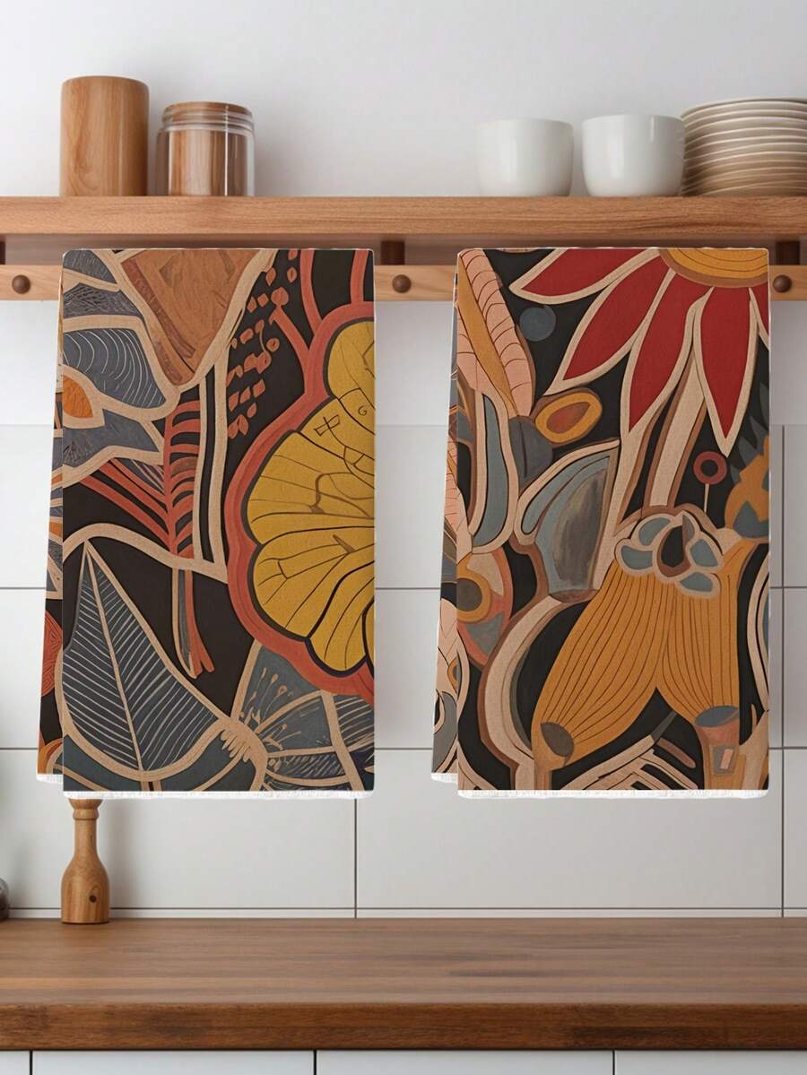 2pcs Bohemian Style Kitchen Towels, Modern Abstract Floral Pattern, Super Soft Woven Fabric, Machine Washable, Suitable For Home Decor And Holiday Gifts - Multicolor - View 1