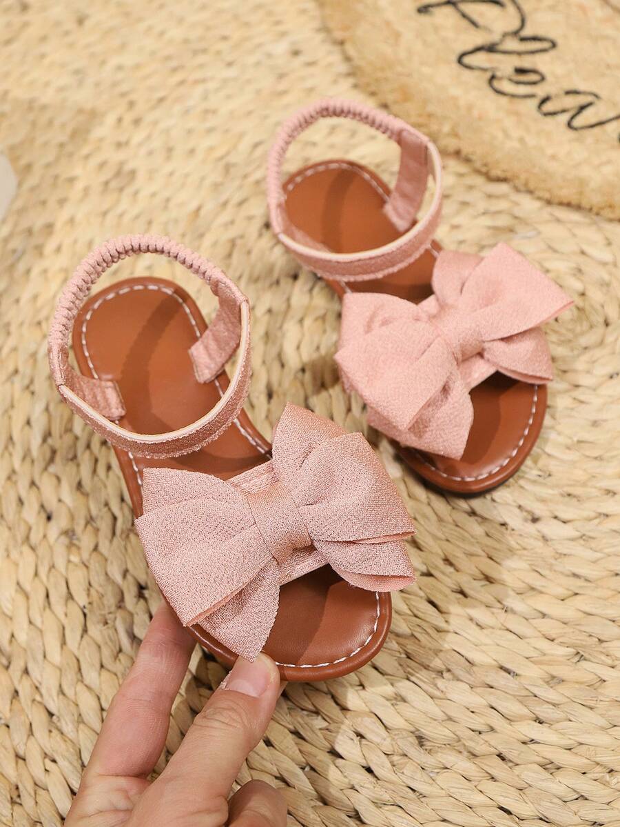 1 Pair Beige Plus Size Girls' Flat Sandals With Knitted Mesh, Big Bow Decor, Elastic Strap, Round Toe, Fashionable & Cute, Suitable For 3-15 Years Old Girls, Daily, Casual, Party, Travel, Spring/Summer - Pink - View 1