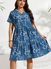 1 件叶子和花卉印花梭织面料连衣裙，带纽扣装饰，褶饰/荷叶边下摆，抽绳腰部，休闲衬衫领短袖夏季度假/派对连衣裙