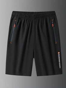 Shorts de corrida femininos pretos de secagem rápida com bolso lateral com zíper - cintura elástica com cordão, shorts esportivos com design de tipografia contrastante para academia, exercícios ao ar livre