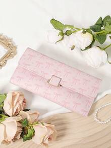 粉色蝴蝶结爱心图案包包，时尚女士长款钱包，零钱包，三折多卡槽大容量多功能钱包，女士优雅折叠卡槽和拉链口袋女士钱包钱包 - 粉色 - 查看 4