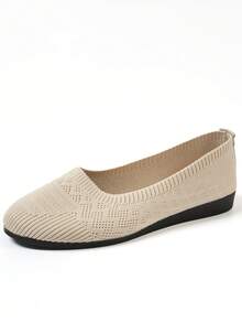 Round Toe Women Flat Shoes, Knitted Slip-On Casual Breathable Ballet Flats, Summer Lightweight Low Vamp Mother Shoes, Spring Comfortable Versatile Bohemia Style, Black, White, Olive Green, Beige, Sky Blue, Light Blue, Khaki, Light Brown, Navy, Yellow, Autumn/Spring Flats, Plus Size, Summer Mesh Sneakers, Casual Walking Shoes, Solid Color Loafers - Beige - View 7