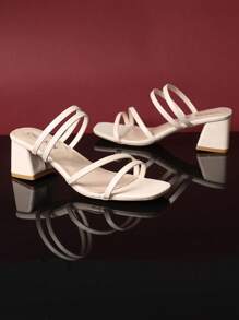 1pair Women's Beige Block Heel Slide Sandals, Soft PU Pull Strap Material Square Toe Dual-Color Rubber Non-Slip Sole, Fashionable Luxury High Heel House Slippers Suitable For Daily Casual, Vacation, Travel, Gathering, Beach Wear, Summer New