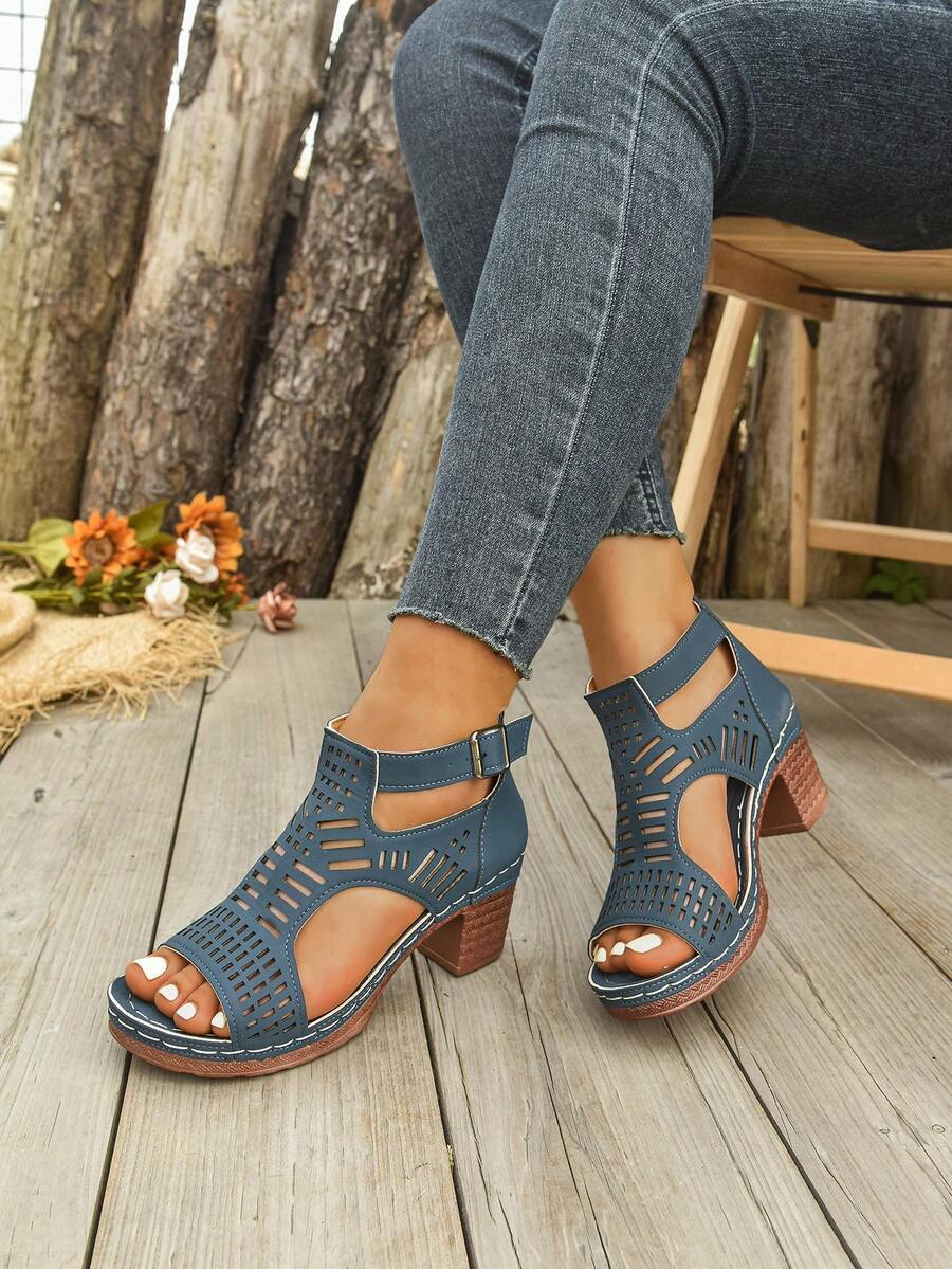 Sandalias de tacón alto con plataforma y diseño hueco para mujer de talla grande - Azul - Ver 1
